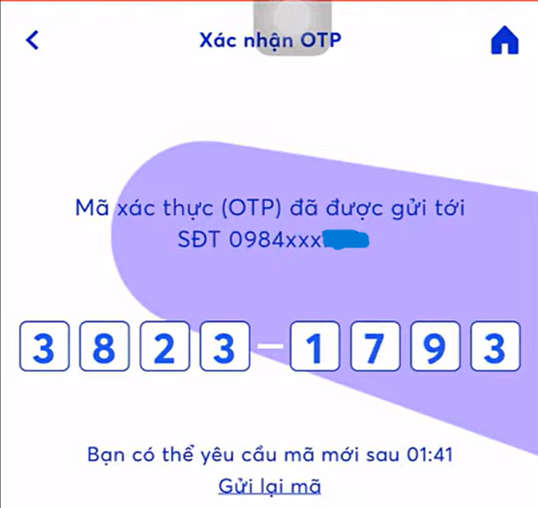 Nhập mã OTP được gửi về điện thoại 